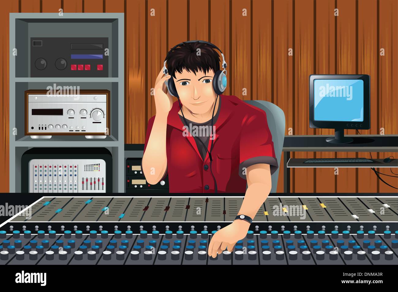 Una illustrazione vettoriale di un produttore di musica in ascolto in studio Illustrazione Vettoriale