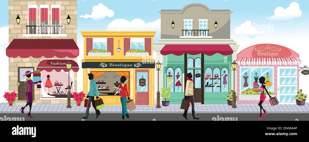 Una illustrazione vettoriale di persone shopping in un outdoor shopping mall Illustrazione Vettoriale
