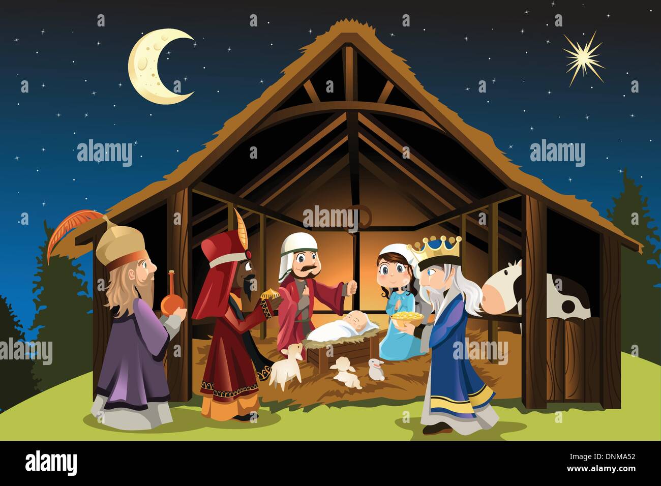 Un vettore illustrazione del concetto di Natale della nascita di Gesù Cristo con Giuseppe e Maria accompagnati da tre uomini saggi Illustrazione Vettoriale