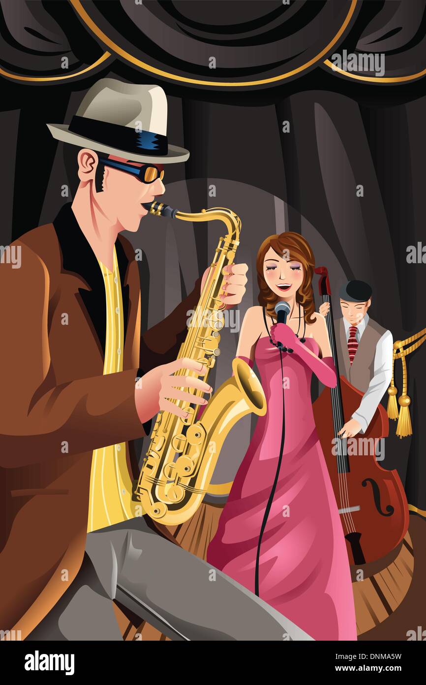Una illustrazione vettoriale di una jazz band di musica in riproduzione in un night club Illustrazione Vettoriale