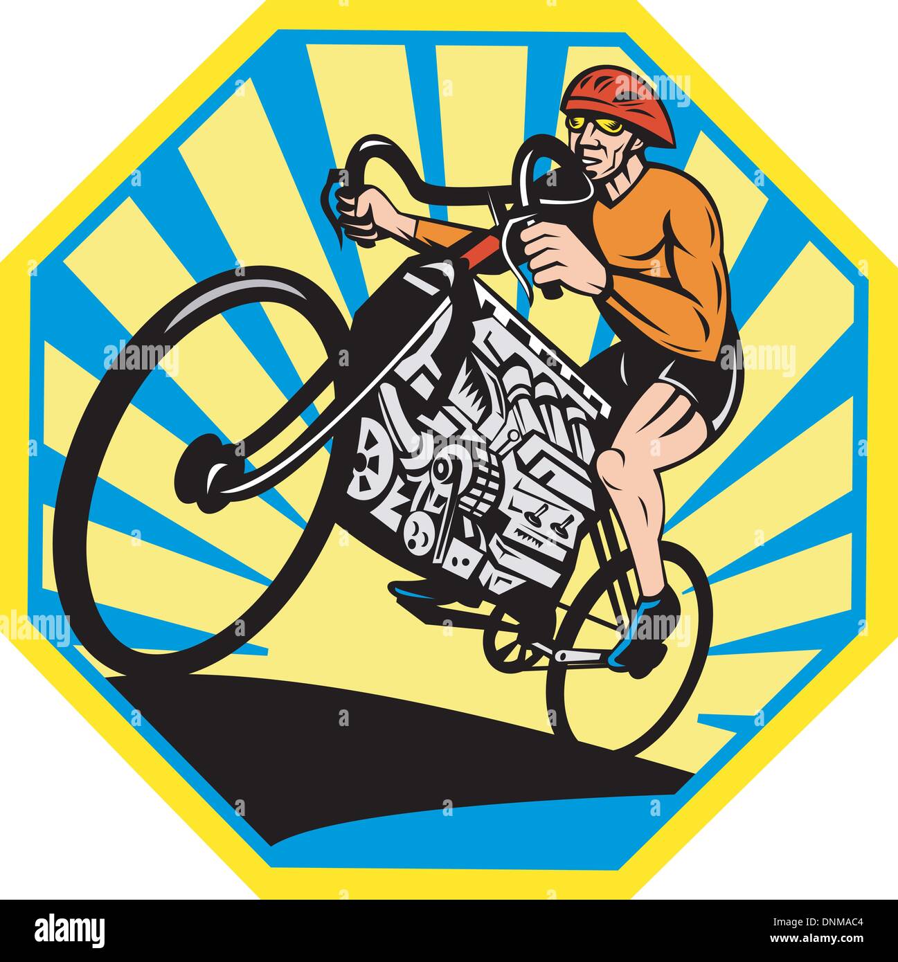 Graphic design illustrazione di un ciclista di equitazione Bicicletta da  corsa con v8 motore auto imposta all'interno di un ottagono con sunburst in  background visto dal basso angolo Immagine e Vettoriale -