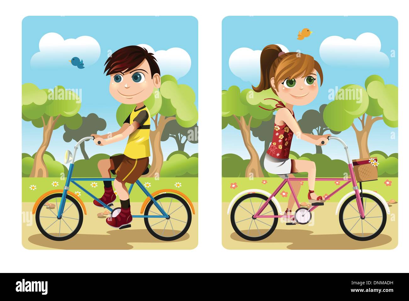 Una illustrazione vettoriale di un ragazzo e una ragazza Bicicletta Equitazione Illustrazione Vettoriale