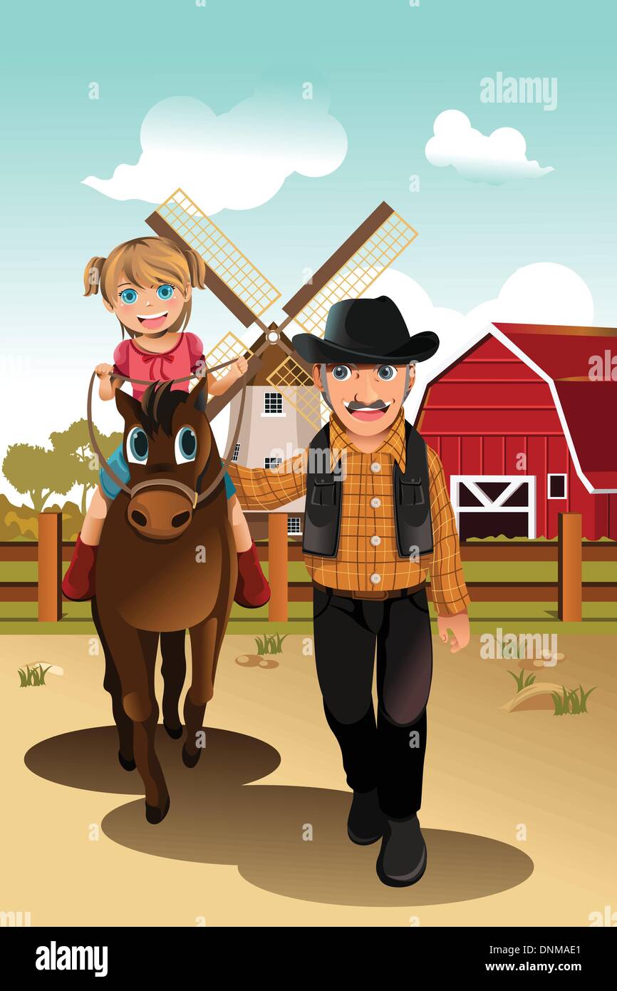 Una illustrazione vettoriale di una ragazzina in sella ad un cavallo con il suo nonno Illustrazione Vettoriale