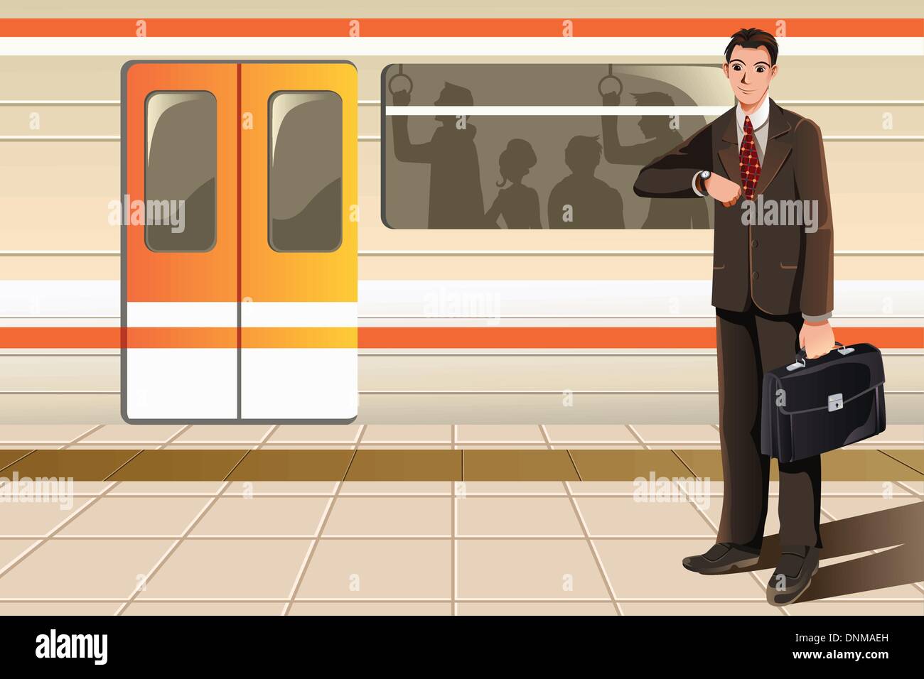 Una illustrazione vettoriale di un imprenditore in attesa per la metropolitana Illustrazione Vettoriale