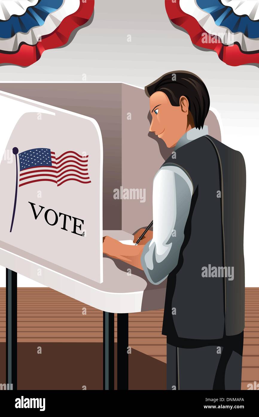 Una illustrazione vettoriale di un uomo voto in cabina di voto Illustrazione Vettoriale