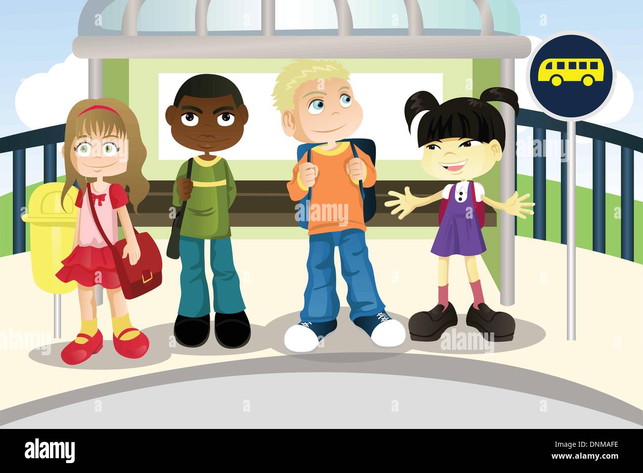 Una illustrazione vettoriale di multi etnico i bambini alla fermata dell autobus Illustrazione Vettoriale