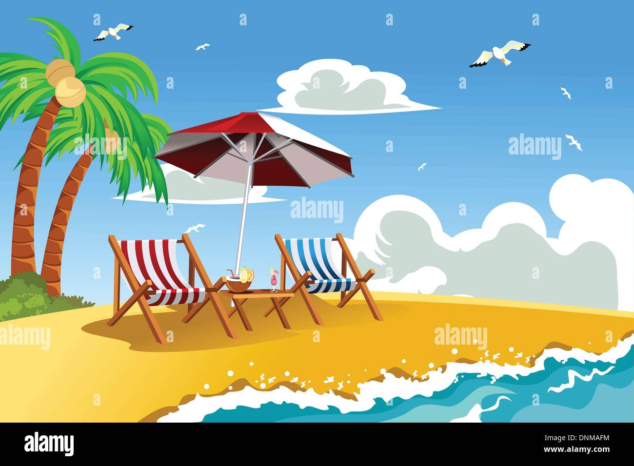 Una illustrazione vettoriale di sedie a sdraio sulla spiaggia tropicale Illustrazione Vettoriale