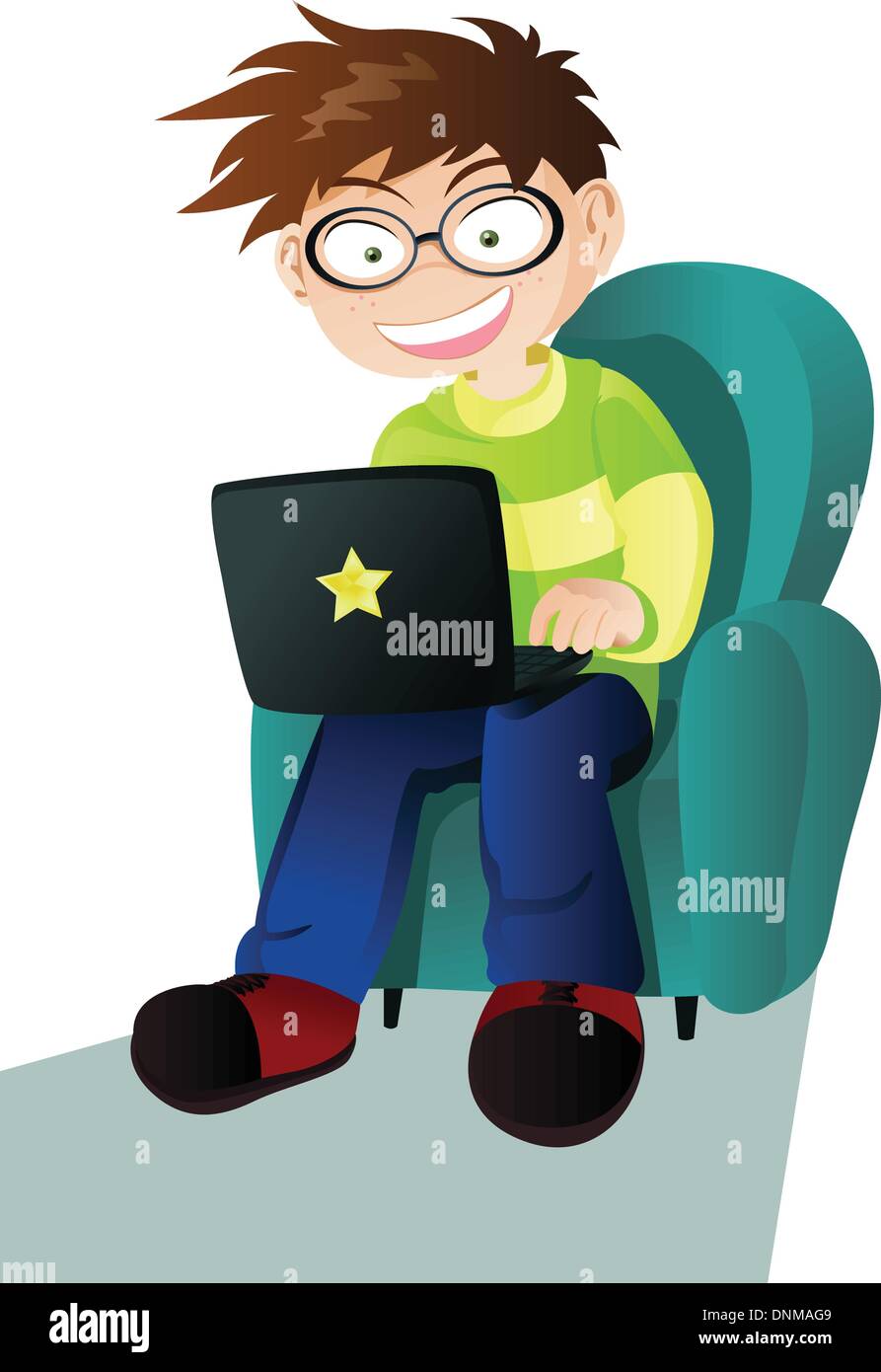 Una illustrazione vettoriale di un ragazzo con un laptop Illustrazione Vettoriale