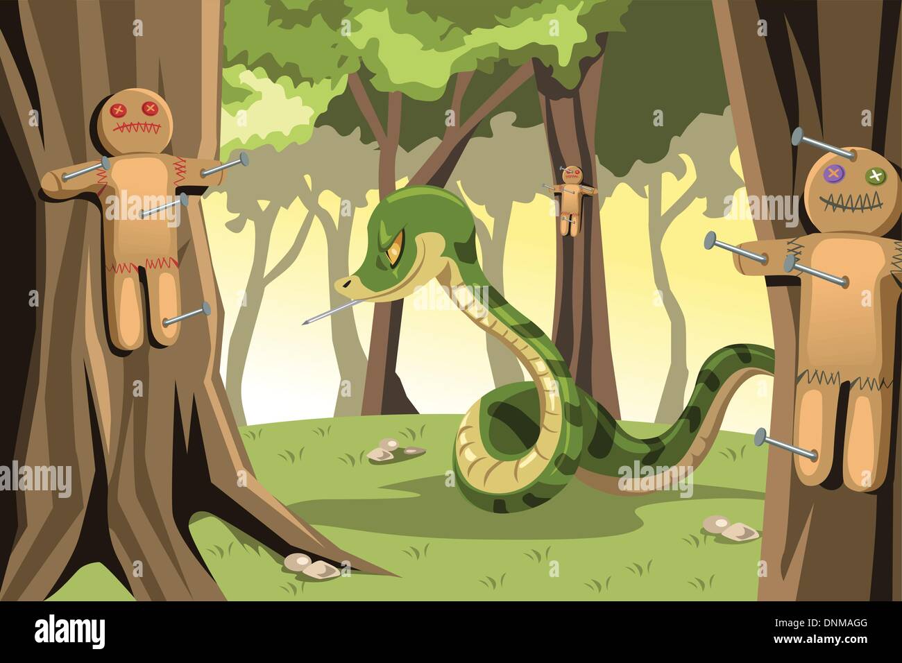 Una illustrazione vettoriale di un serpente arrabbiato mettendo chiodi su gingerbread cookies impiccati sugli alberi Illustrazione Vettoriale
