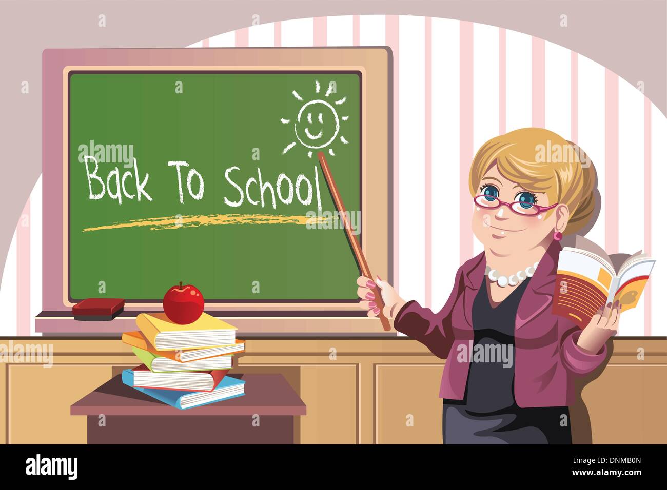 Una illustrazione vettoriale di un insegnante di fronte alla classe e puntando a lavagna che mostra il ritorno a scuola Illustrazione Vettoriale