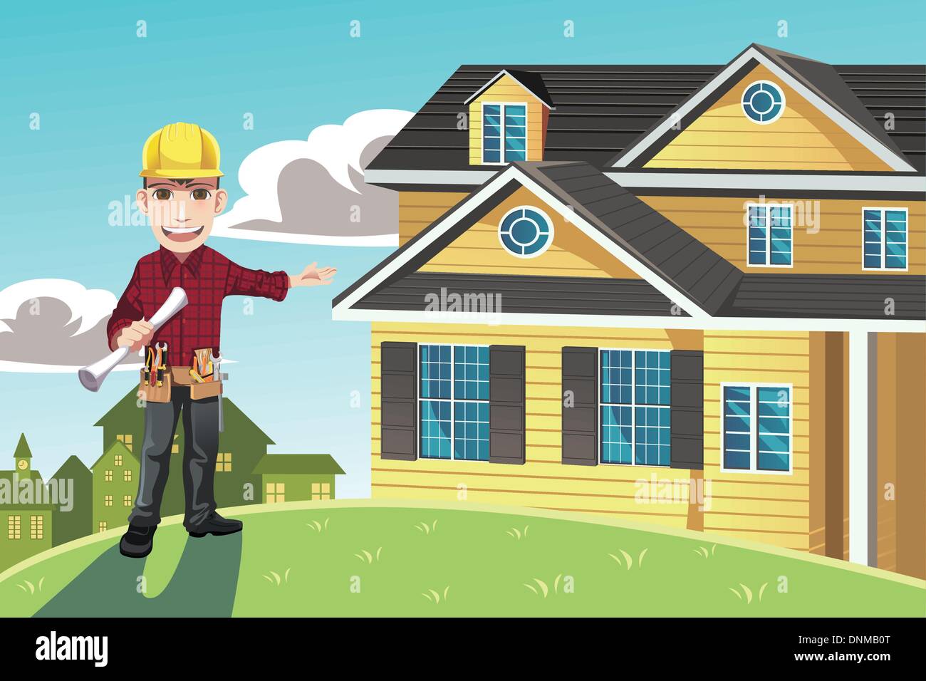 Una illustrazione vettoriale di una casa costruttrice in posa di fronte a una casa Illustrazione Vettoriale