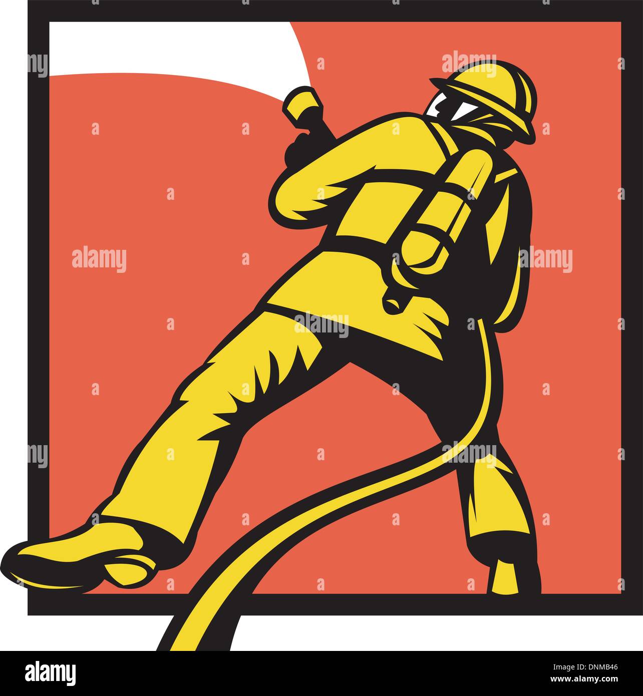 Illustrazione di un vigile del fuoco o pompiere puntamento di un tubo antincendio visto dalla parte posteriore in stile retrò Illustrazione Vettoriale