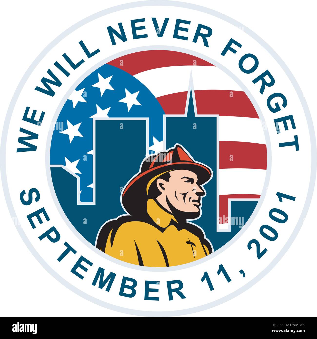 Illustrazione di un vigile del fuoco vigile del fuoco con twin tower world trade center wtc edificio con American a stelle e strisce bandiera in background e parole che noi non dimenticheremo mai settembre 11,2001'' Illustrazione Vettoriale
