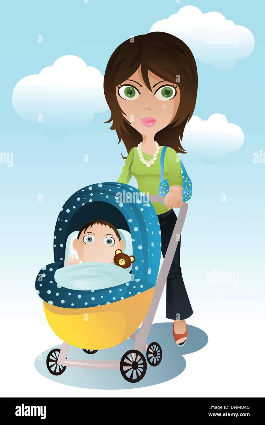 Una illustrazione vettoriale di una madre spingere un passeggino con il suo bambino dentro di essa Illustrazione Vettoriale