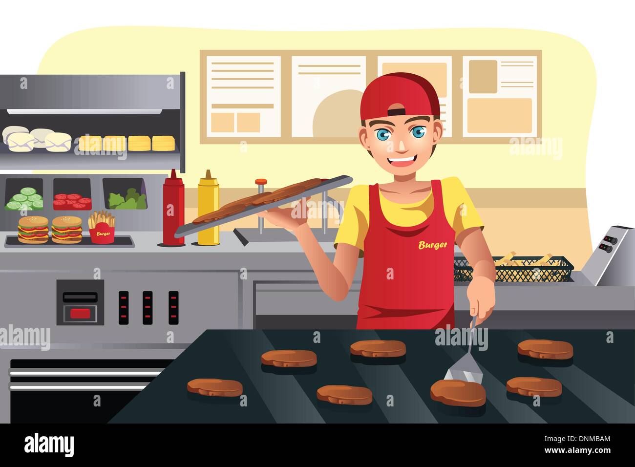 Una illustrazione vettoriale di un cook capovolgimento di hamburger in un ristorante fast food cucina Illustrazione Vettoriale