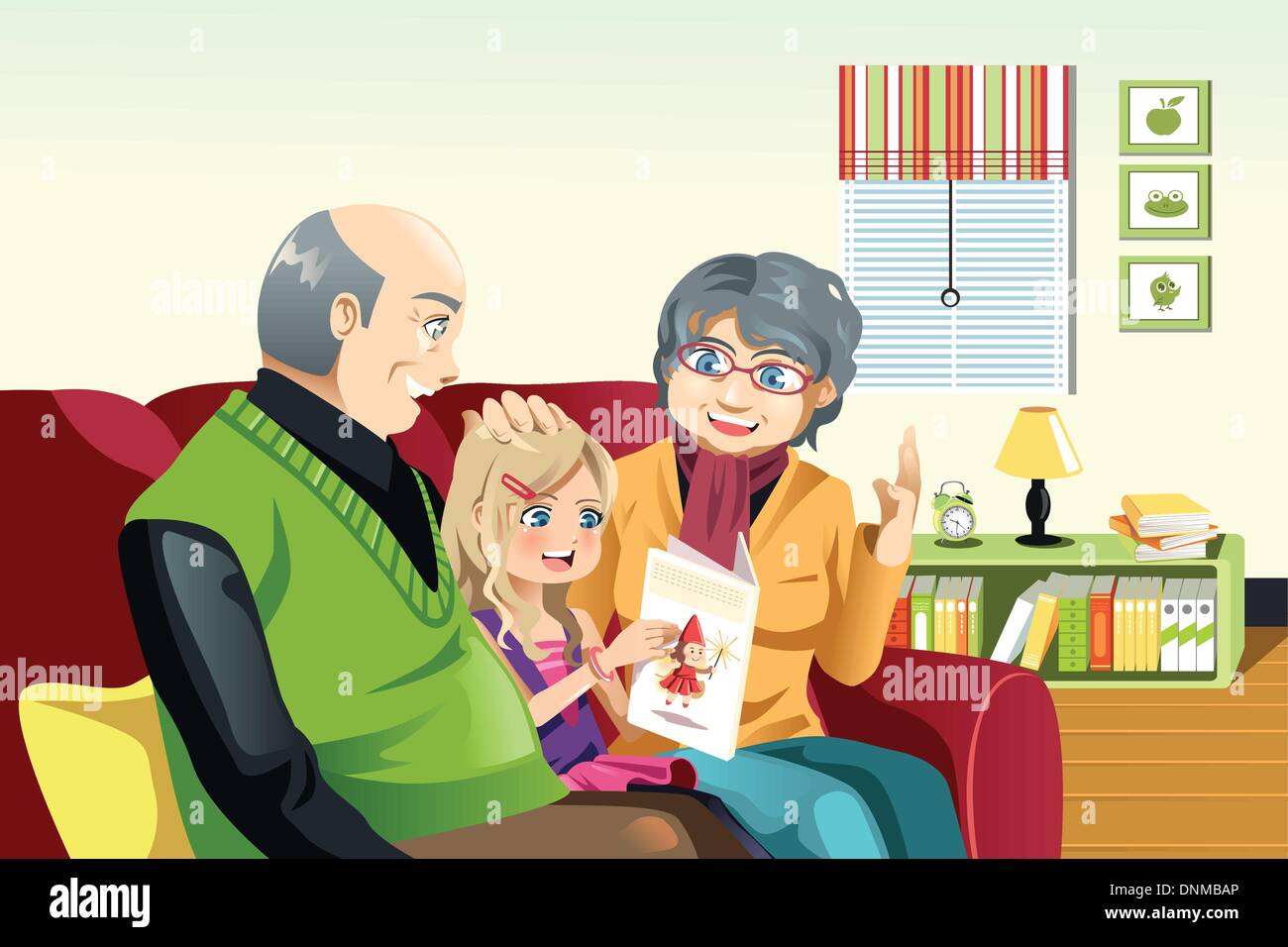 Una illustrazione vettoriale di felice i nonni e il loro piccolo nipote la lettura di un libro insieme Illustrazione Vettoriale