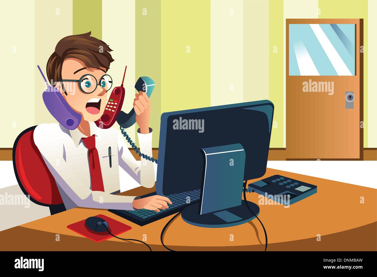 Una illustrazione vettoriale di un imprenditore di occupato a parlare su molti telefoni contemporaneamente Illustrazione Vettoriale