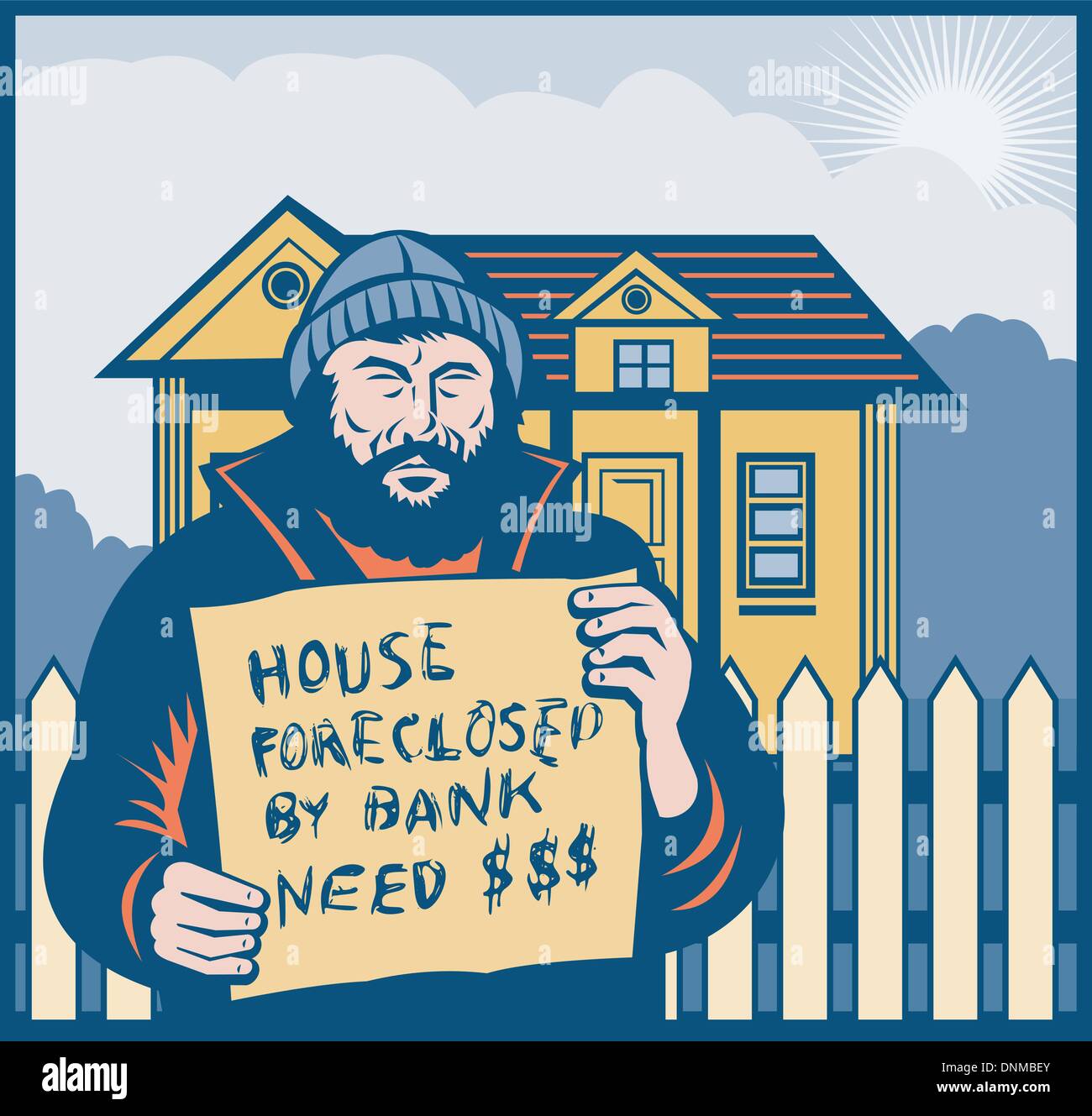 Illustrazione di un uomo senza tetto tenendo un alto segno dicendo casa precluso dalla banca hanno bisogno di dollari o di denaro. Illustrazione Vettoriale