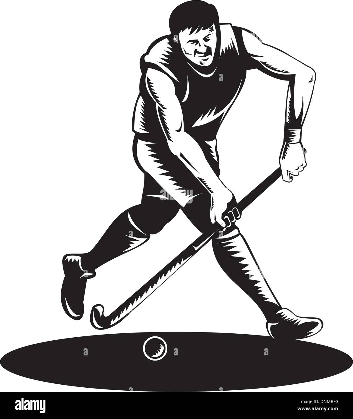 Illustrazione di un giocatore di hockey in esecuzione con bastone colpire la sfera fatto rétro xilografia stile. Illustrazione Vettoriale