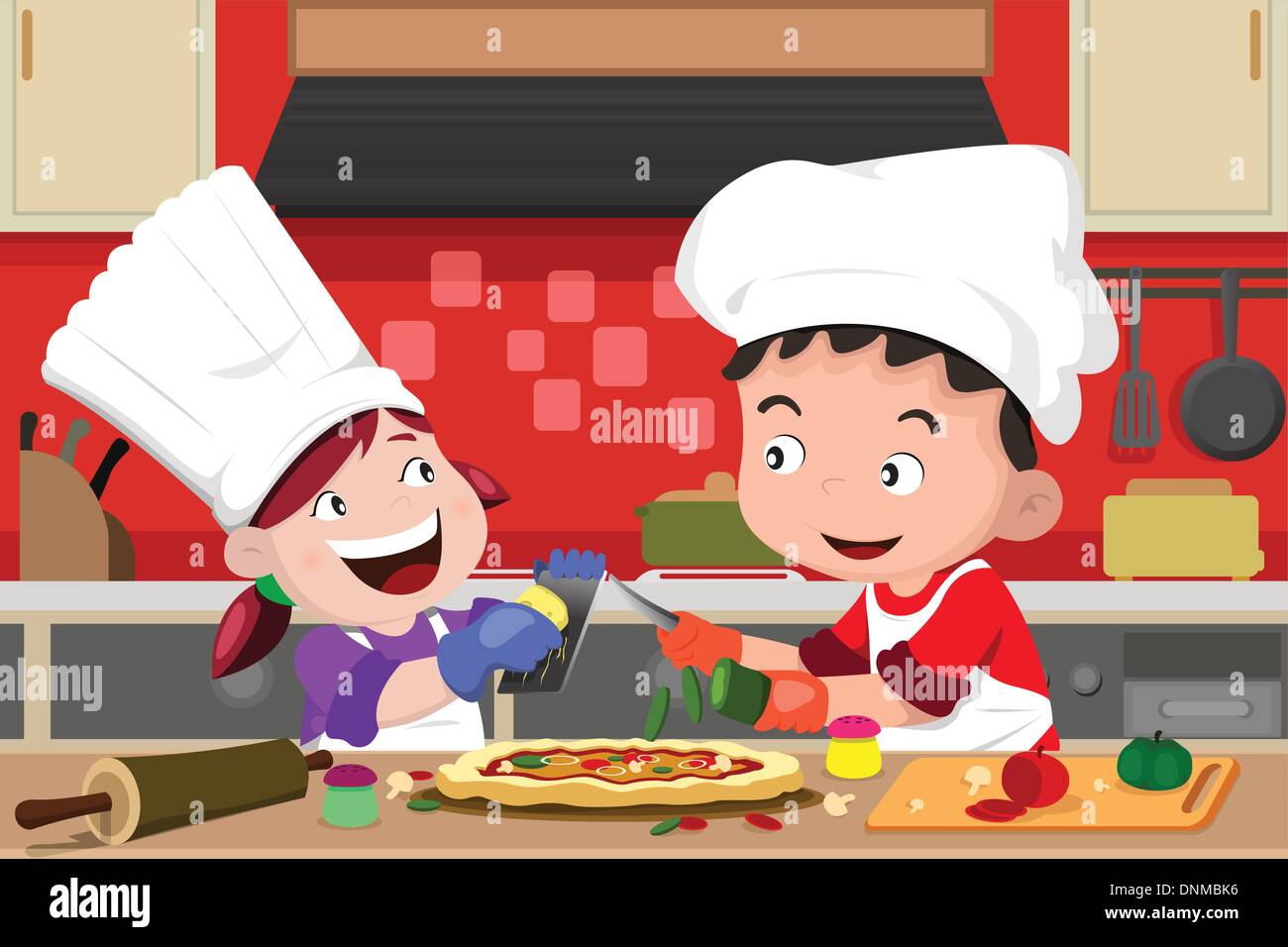 Una illustrazione vettoriale di felici i bambini divertirsi in cucina fare la pizza Illustrazione Vettoriale