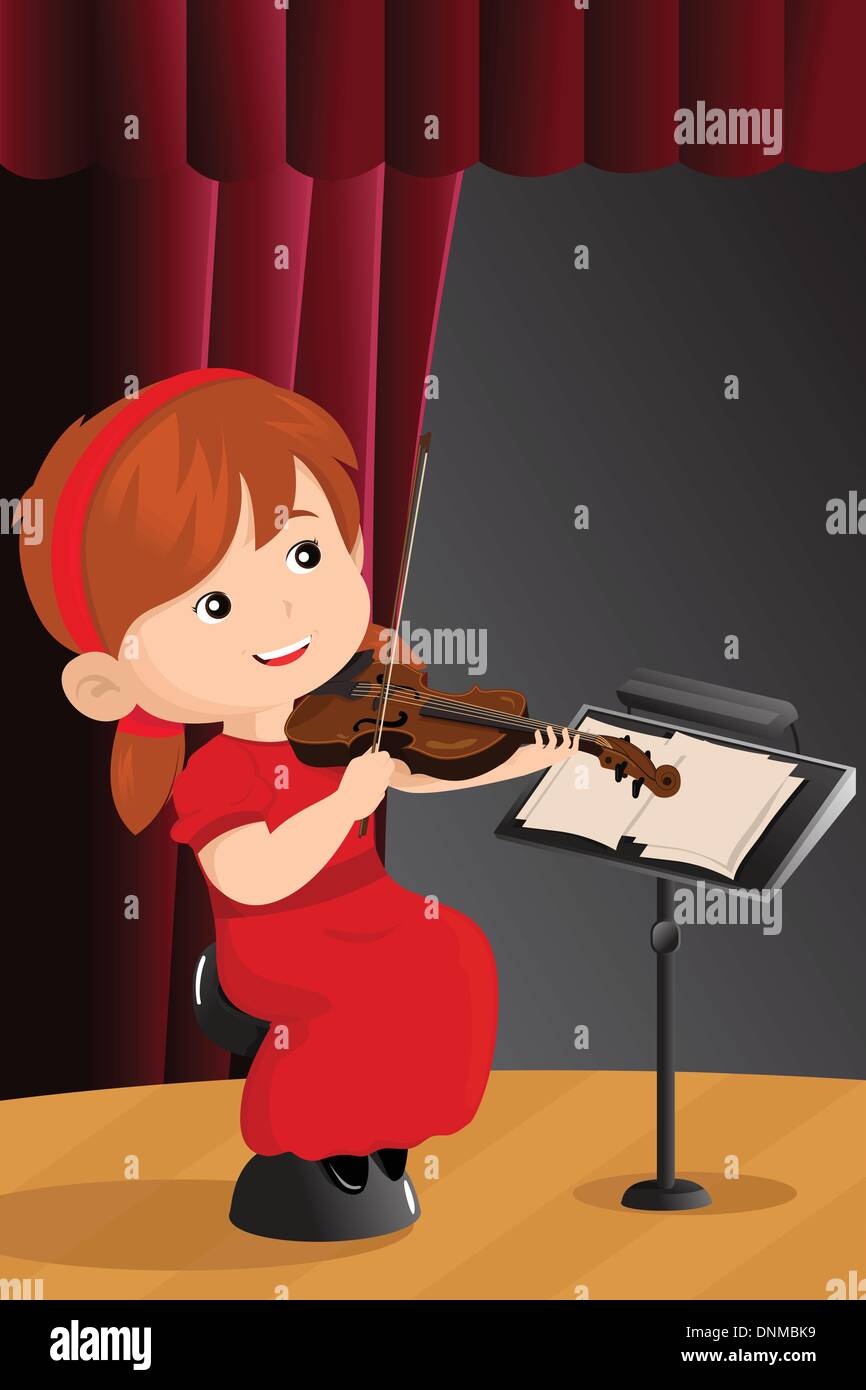 Un vettore illustrazione della bella ragazza suona il violino sul palco Illustrazione Vettoriale