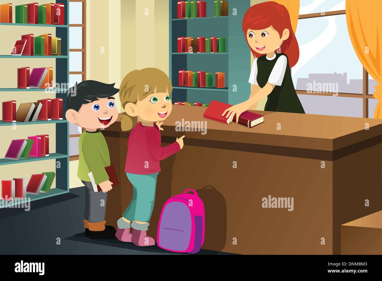Una illustrazione vettoriale di una felice kids in prestito libri della biblioteca Illustrazione Vettoriale