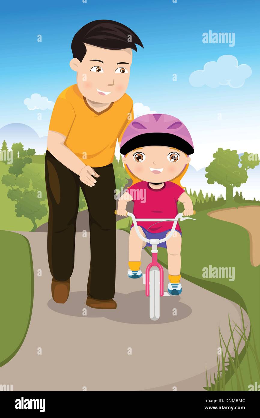 Una illustrazione vettoriale di padre ad insegnare la sua figlia una corsa in bicicletta nel parco Illustrazione Vettoriale