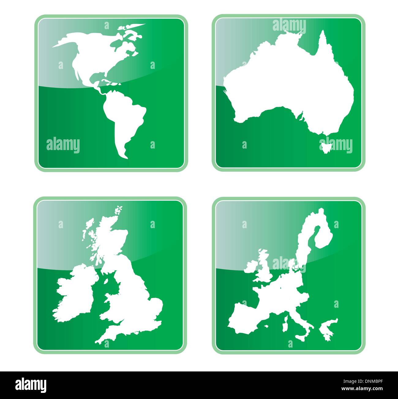 Icona che mostra la mappa del nord e sud America e Australia gran bretagna isole britanniche e Unione europea. Illustrazione Vettoriale