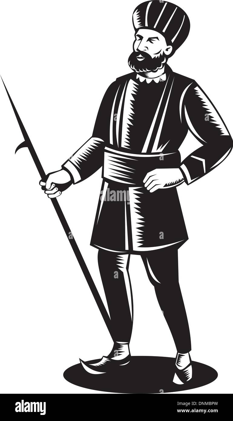 Illustrazione di un indiano di religione sikh guardia con gancio lancia fatto rétro xilografia stile. Illustrazione Vettoriale