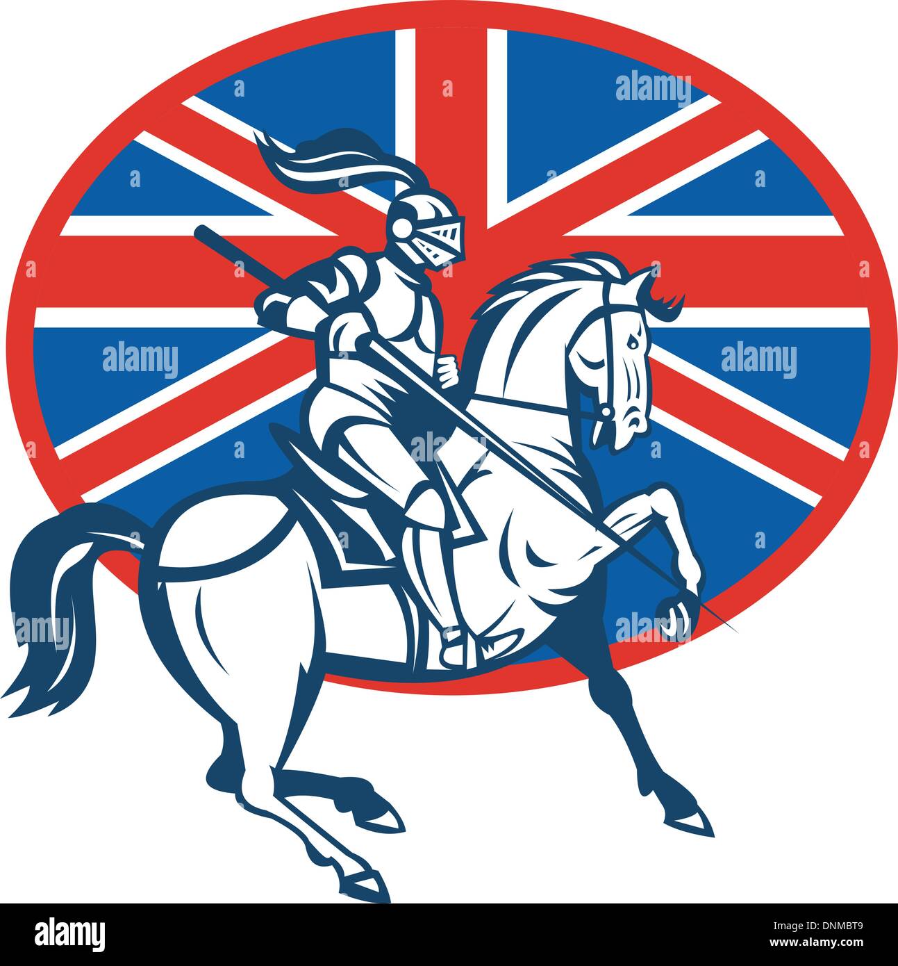 Illustrazione di un cavaliere a cavallo con lancia e britannici o Gran Bretagna bandiera Illustrazione Vettoriale