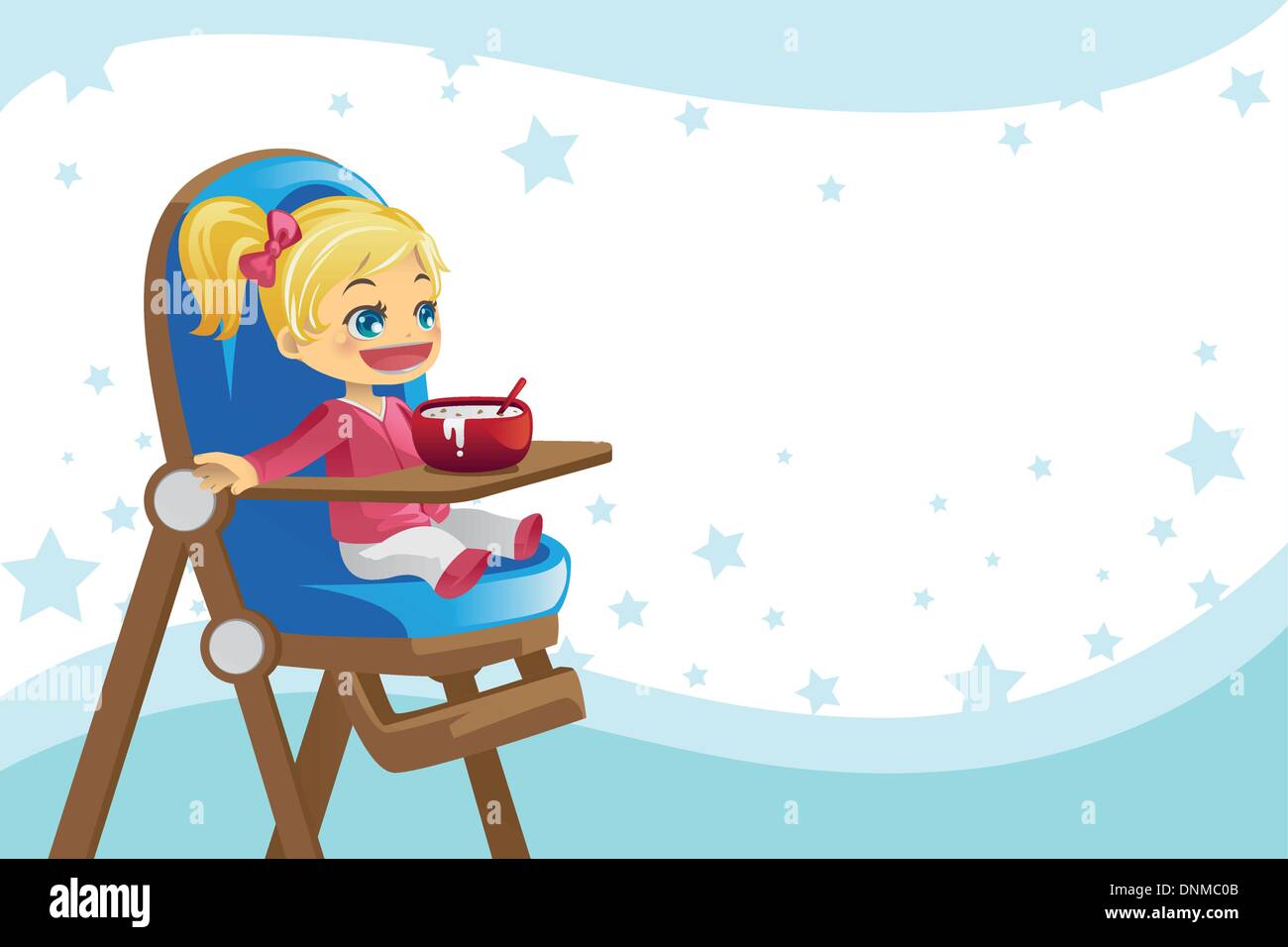 Una illustrazione vettoriale di un bambino mangiare nella sedia alta Illustrazione Vettoriale