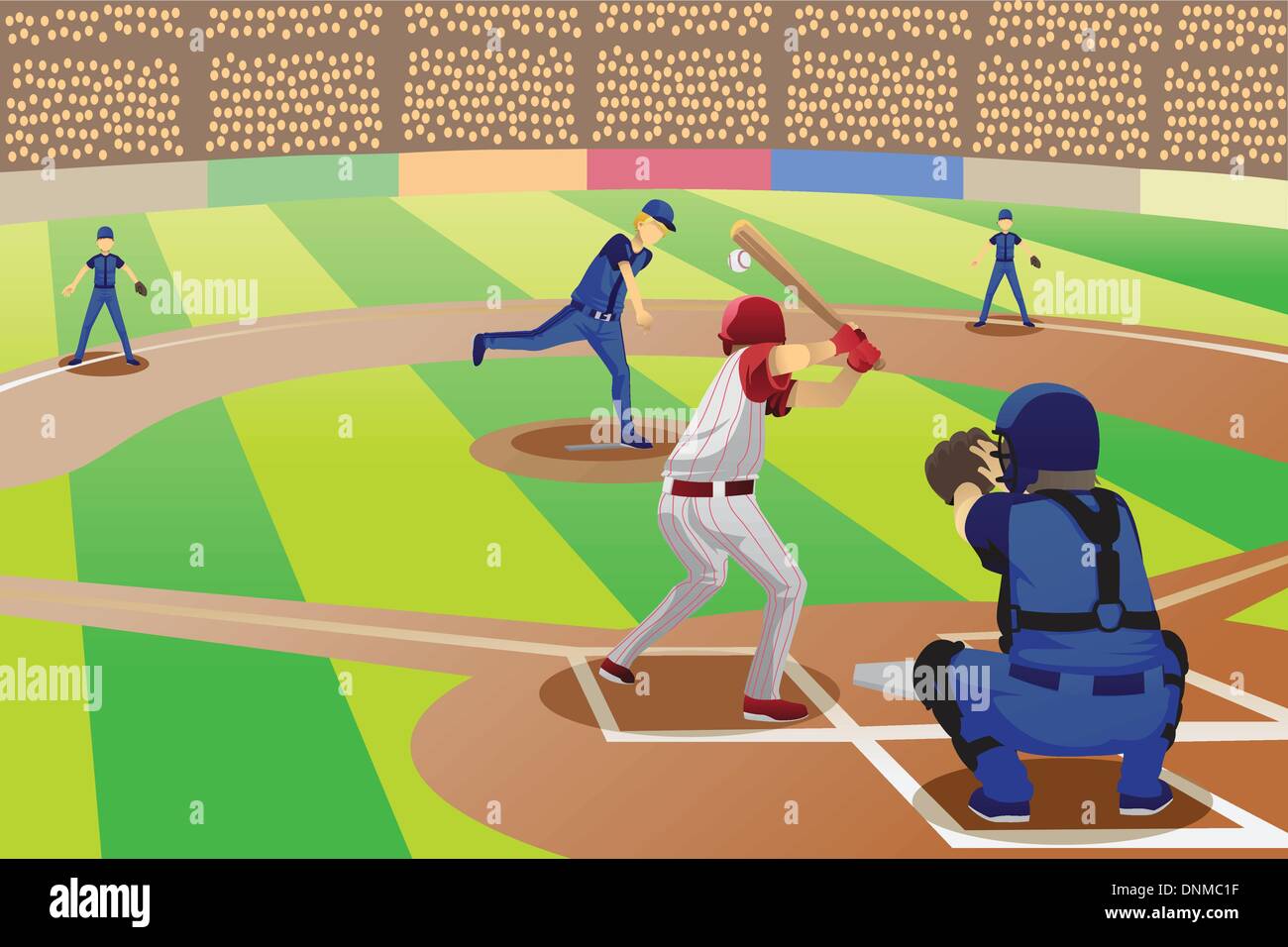 Una illustrazione vettoriale di giocatori di baseball giocando in un gioco di baseball Illustrazione Vettoriale