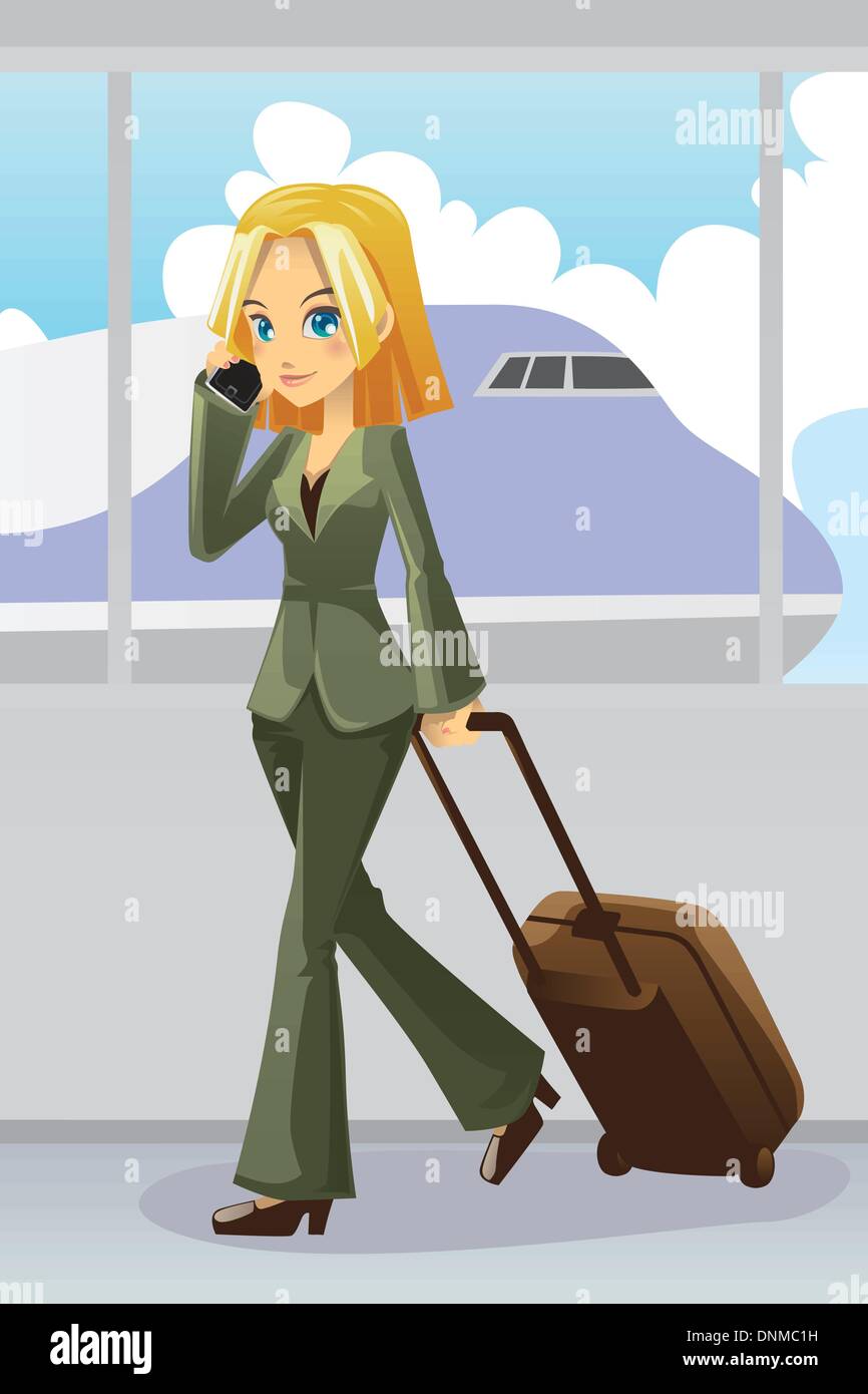 Una illustrazione vettoriale di una imprenditrice parlando al telefono tirando su i suoi bagagli all'aeroporto Illustrazione Vettoriale