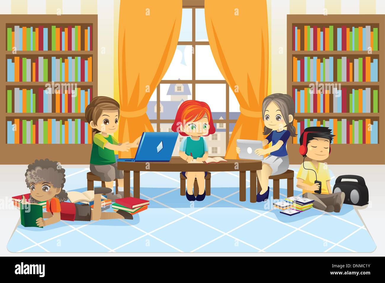 Un vettore illustrazione di un gruppo di bambini nella libreria Illustrazione Vettoriale