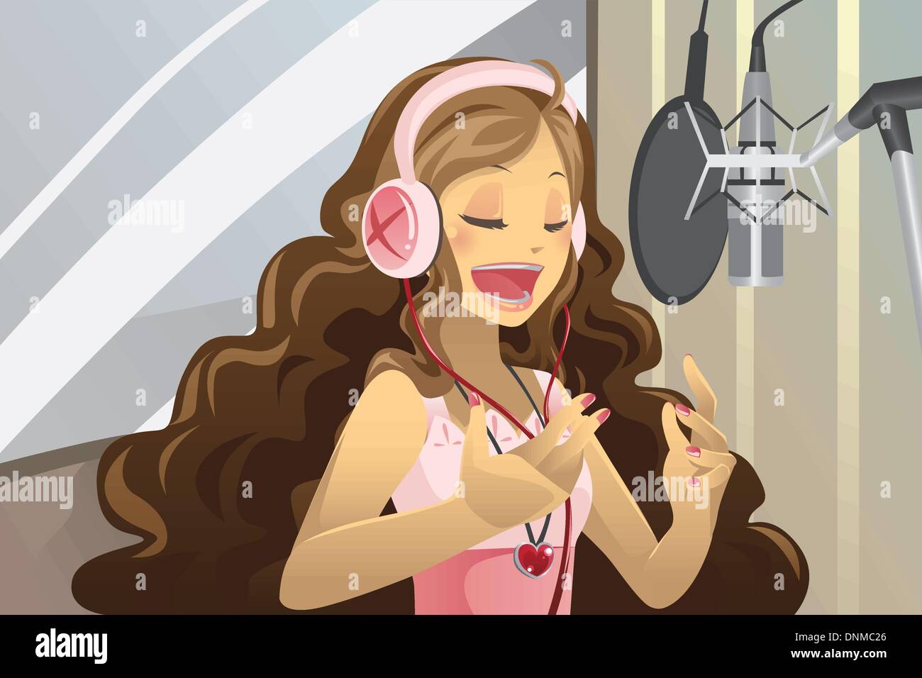 Una illustrazione vettoriale di una cantante femminile a cantare in uno studio di registrazione Illustrazione Vettoriale