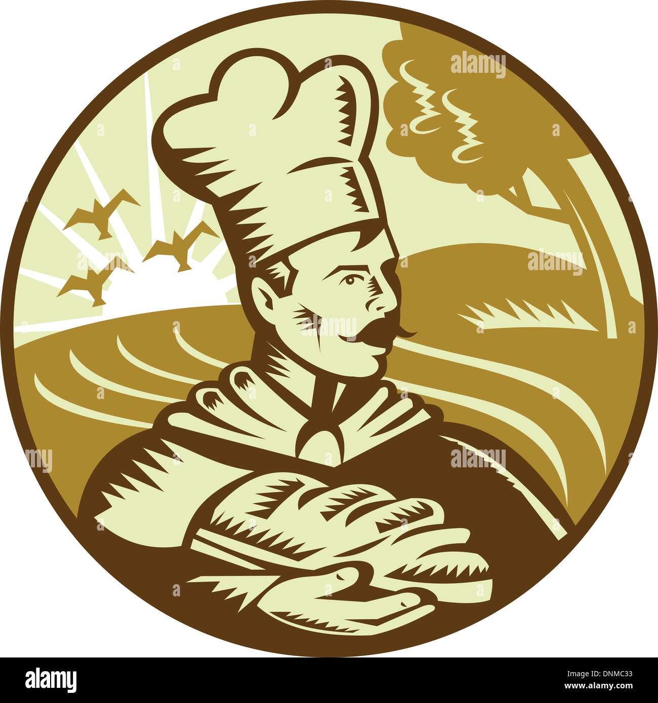Fatto rétro in stile xilografia, immagini mostra un baker tenendo un filone di pane con la fattoria in background. Tre (3) i colori usati in questa illustrazione. Illustrazione Vettoriale