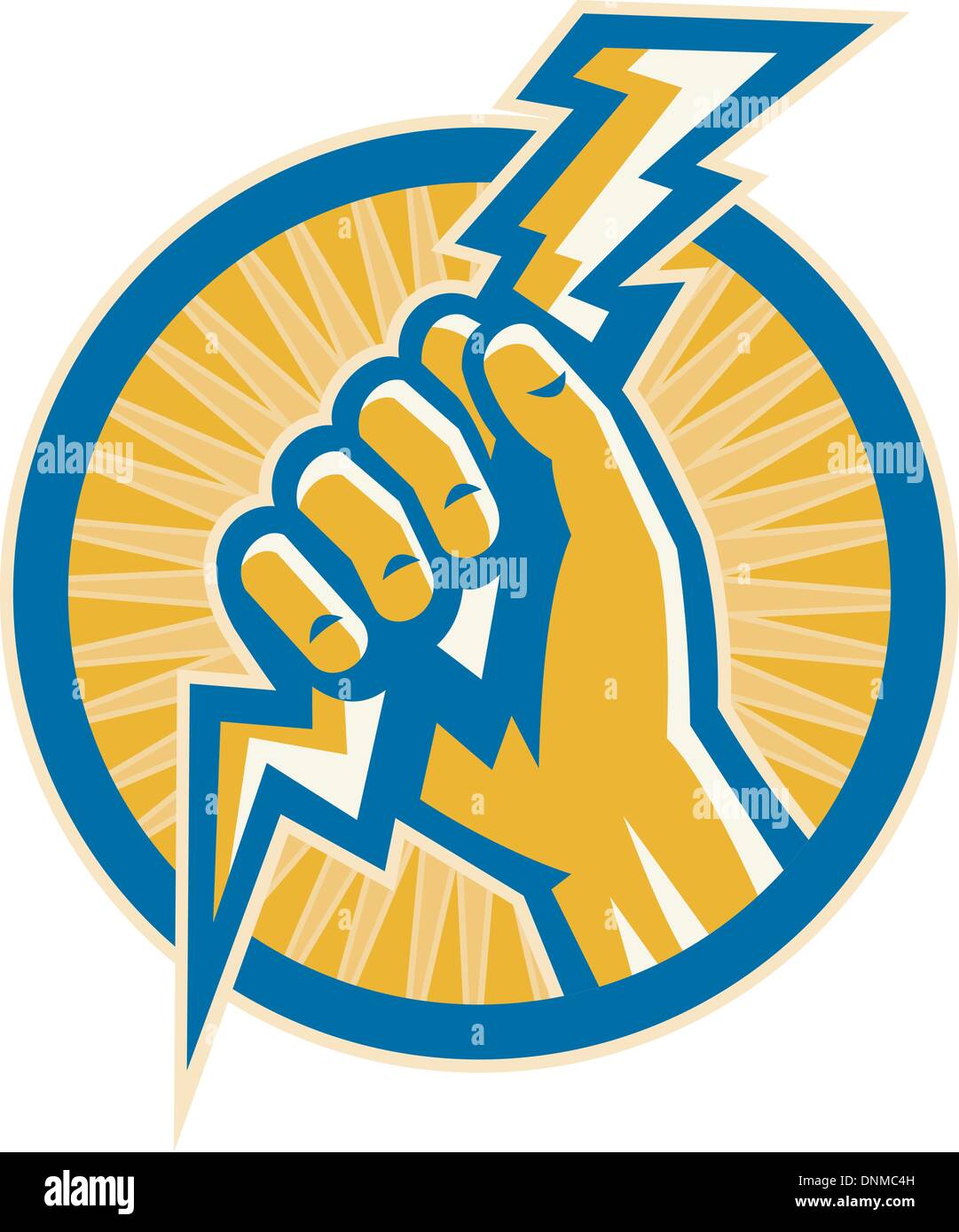 Illustrazione o immagini che mostra una mano tenere un fulmine di energia elettrica imposta all'interno di un cerchio. Illustrazione Vettoriale
