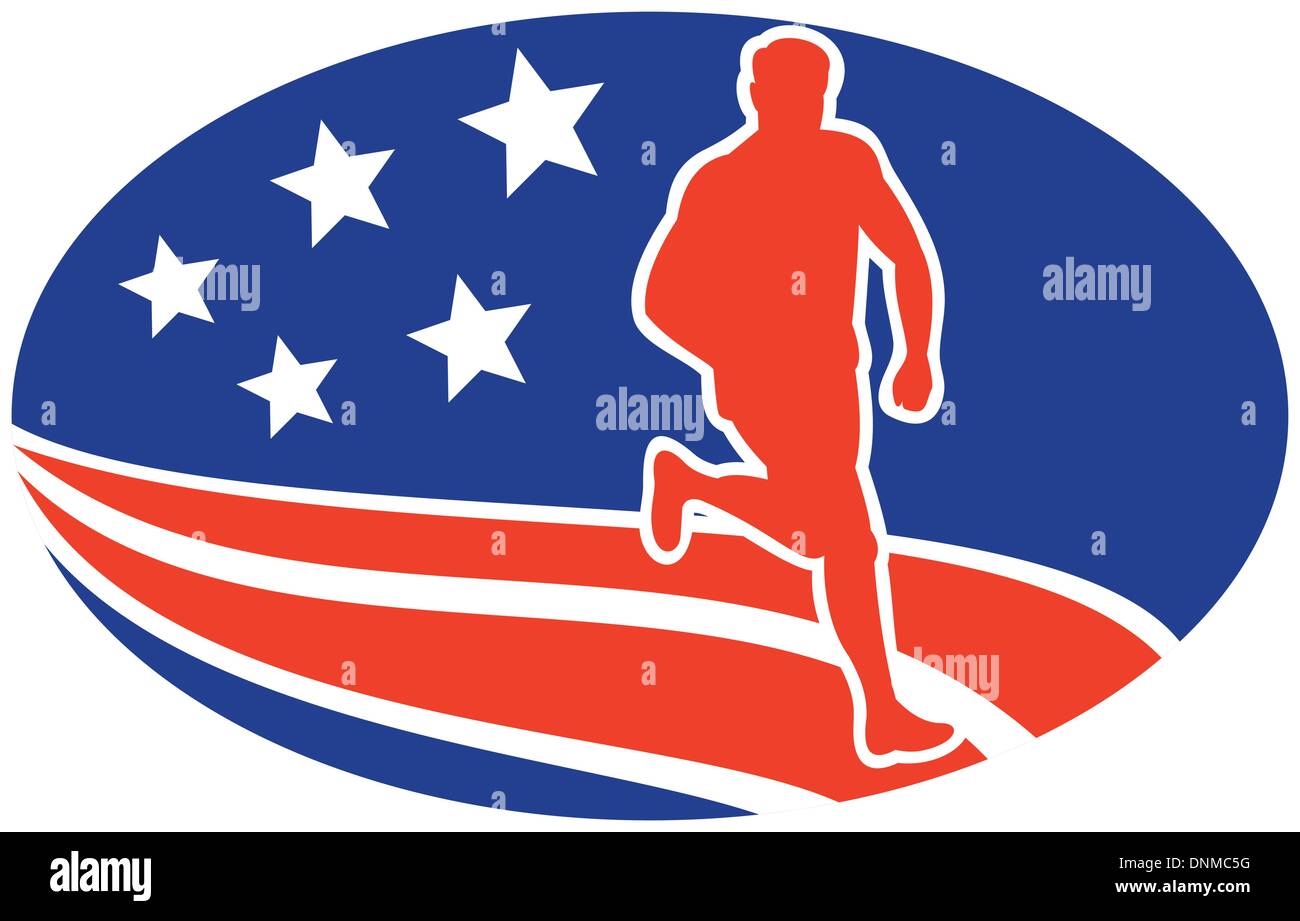 Illustrazione di una maratona road runner fitness pareggiatore di formazione in esecuzione su strada con American a stelle e strisce in background all'interno di forma ovale Illustrazione Vettoriale