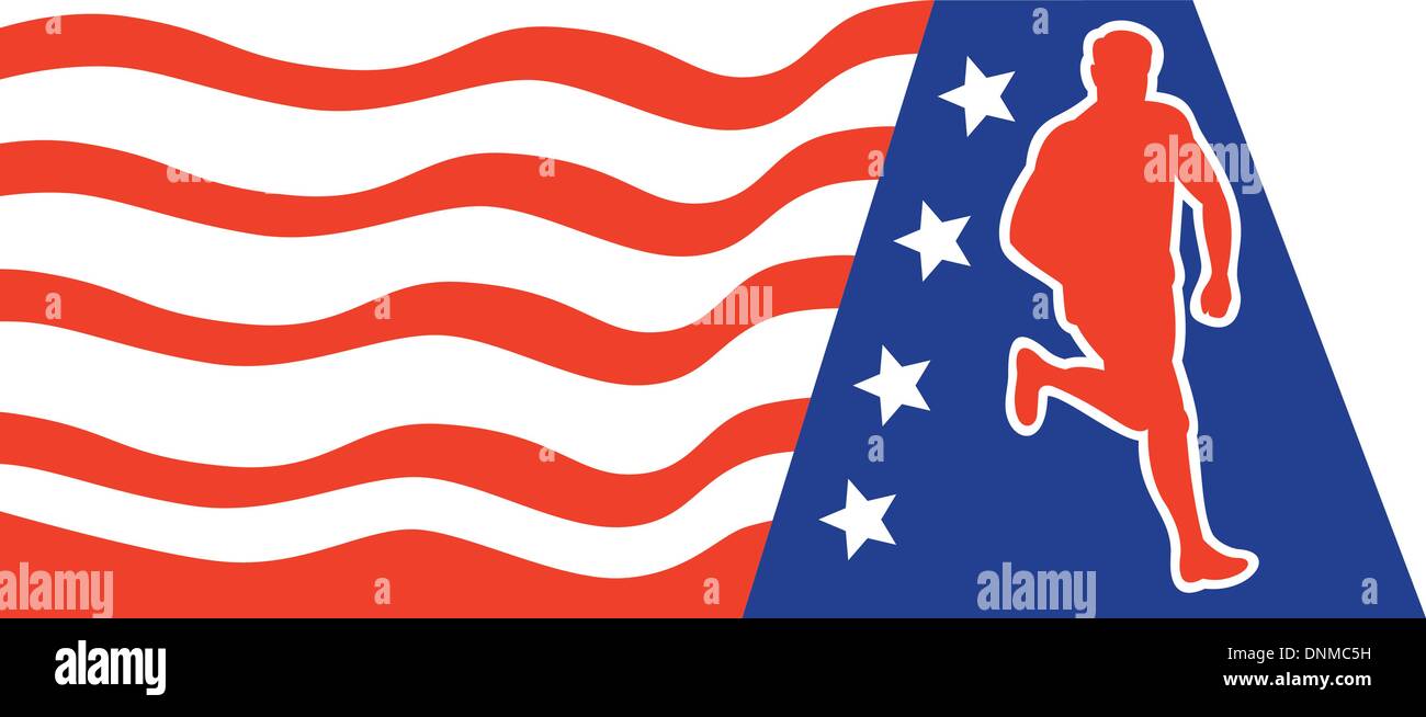 Illustrazione di una maratona road runner pareggiatore di formazione fitness in esecuzione con American a stelle e strisce in background. Illustrazione Vettoriale