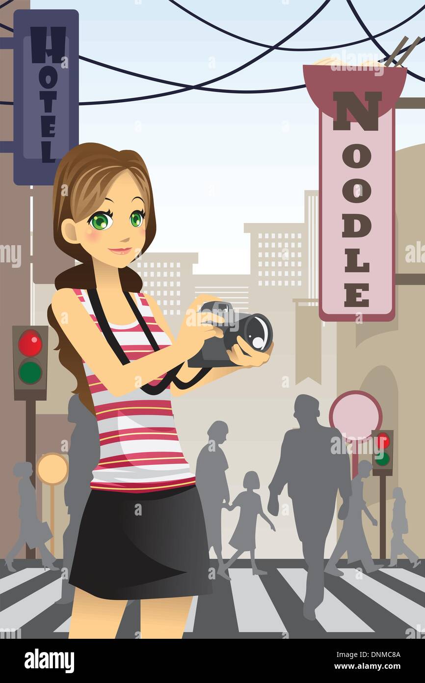 Una illustrazione vettoriale di una donna azienda turistica una fotocamera Illustrazione Vettoriale