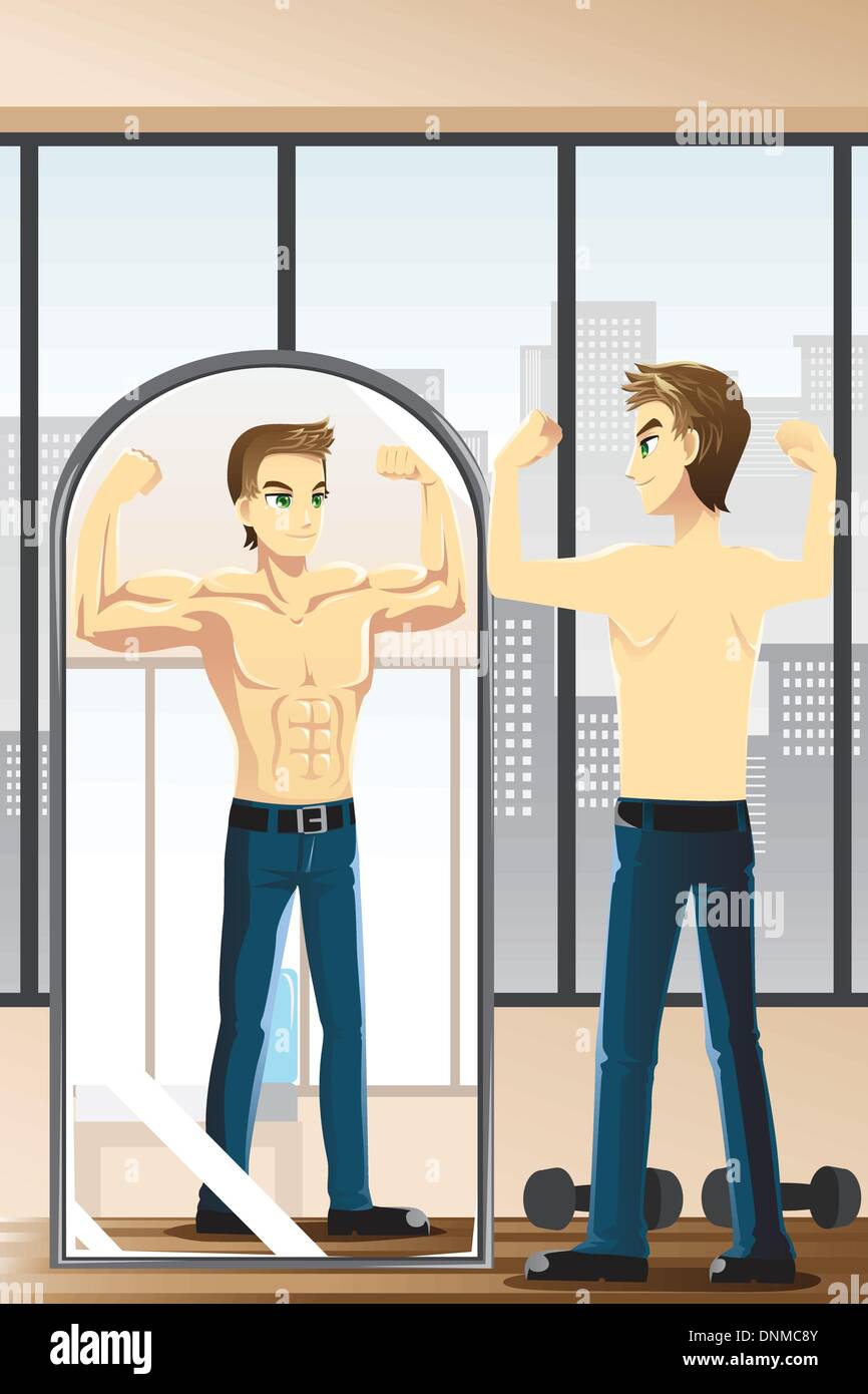 Una illustrazione vettoriale di un uomo fitness flettendo i suoi muscoli guardando lo specchio Illustrazione Vettoriale