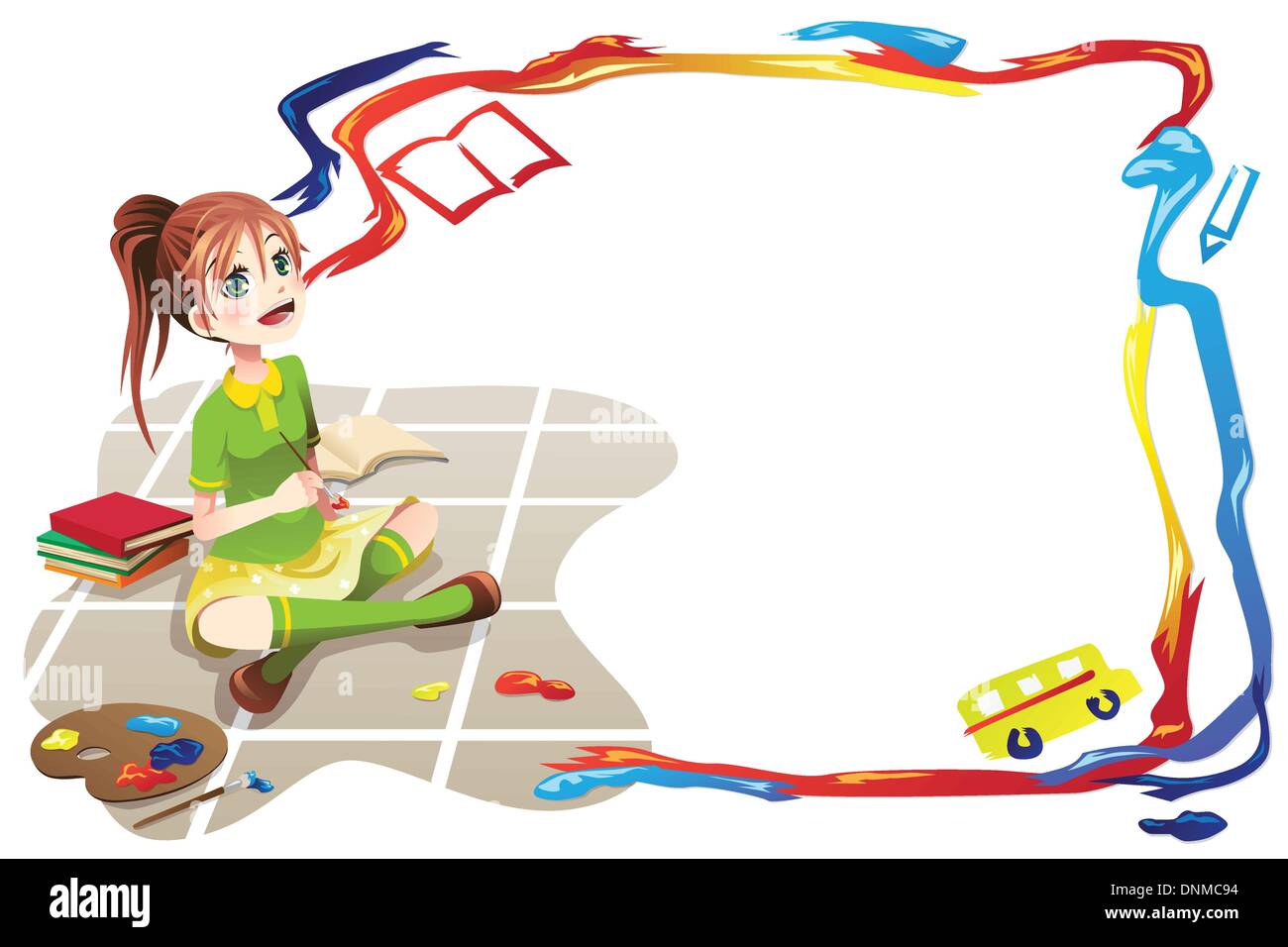 Una illustrazione vettoriale di una ragazza della scuola con il ritorno a scuola lo sfondo Illustrazione Vettoriale