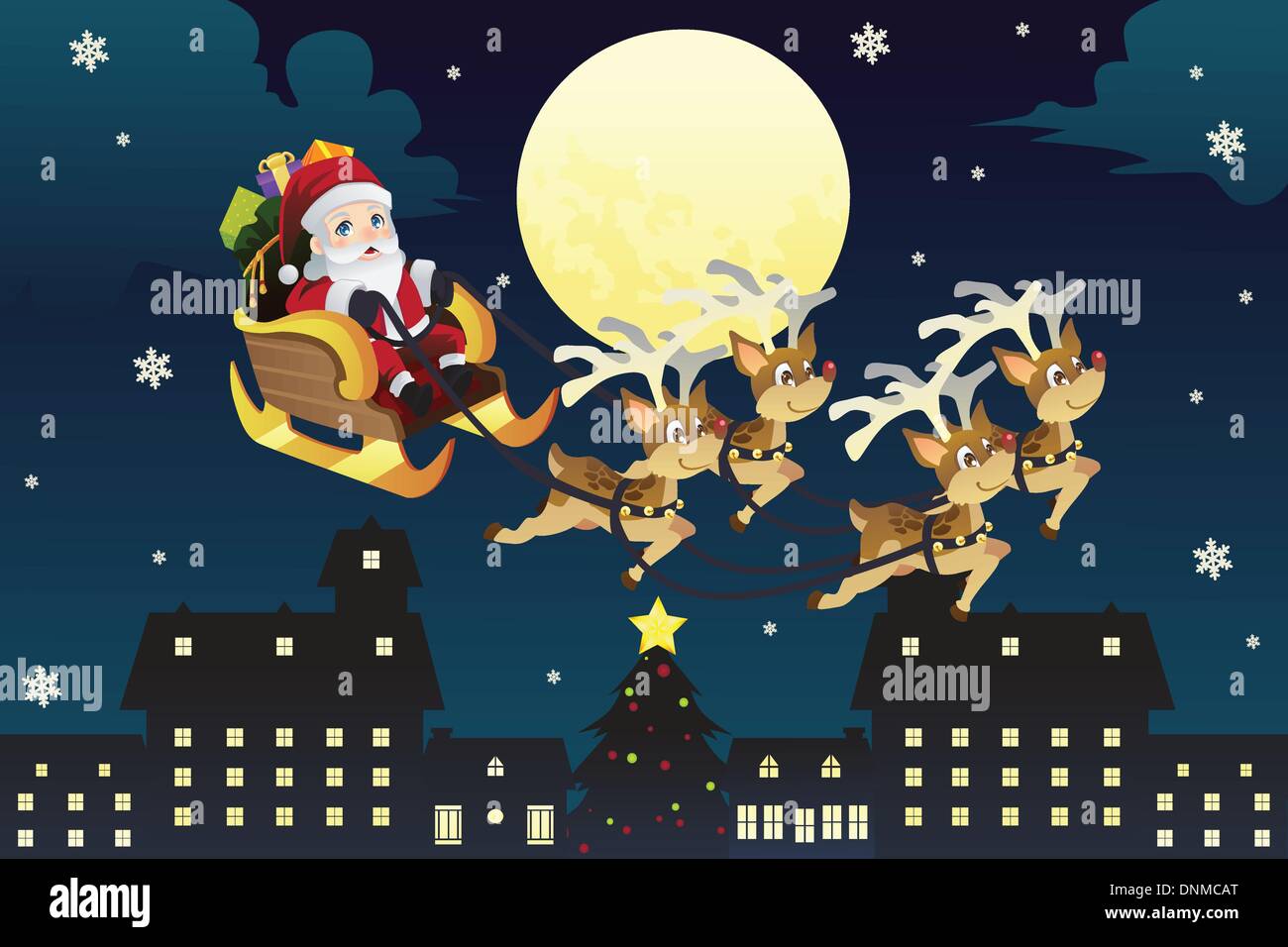 Una illustrazione vettoriale di Santa Claus di equitazione la slitta trainata da renne nel mezzo della notte invernale Illustrazione Vettoriale
