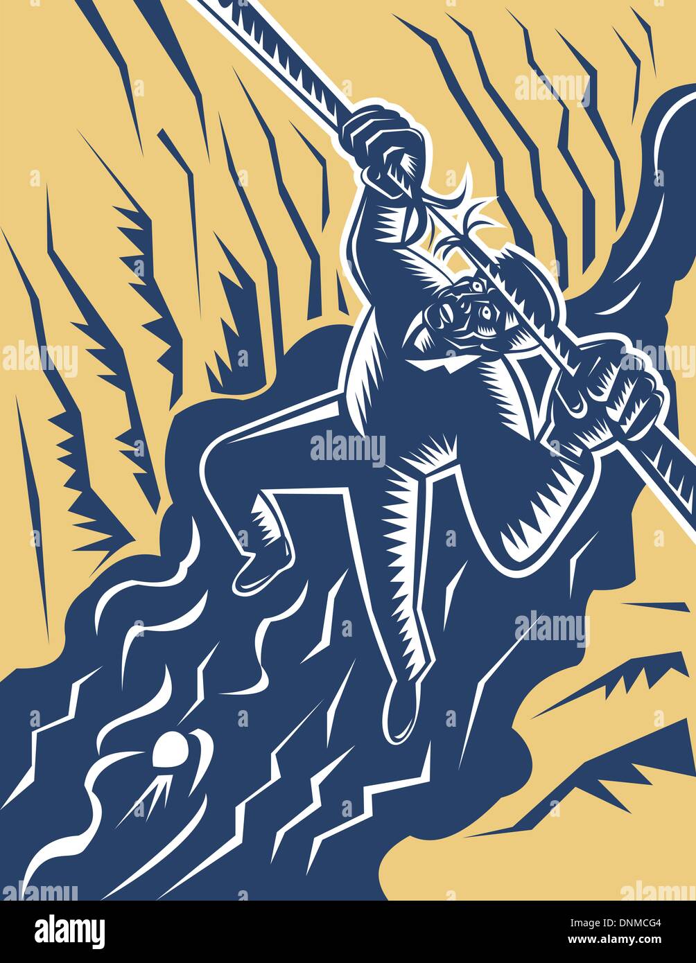 Illustrazione di un uomo che sta per cadere appesi ad una fune attorno a rompere con il fiume al di sotto di lui. Illustrazione Vettoriale