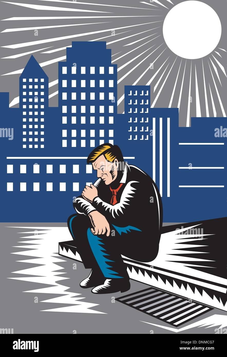 Illustrazione di un senzatetto disoccupati funzionario maschio lavoratore seduto sul cordolo con edifici in background la xilografia retrò stile. Illustrazione Vettoriale