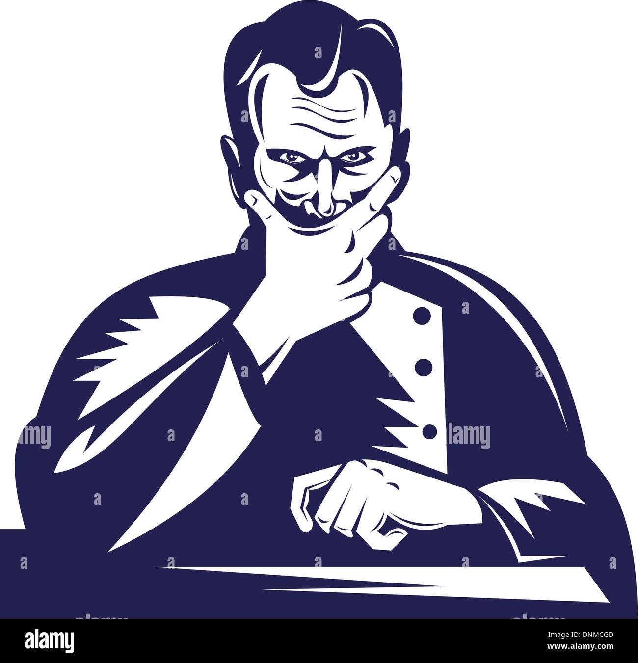 Illustrazione di un medico di sesso maschile seduto rivolto verso la parte anteriore con la mano sulla bocca mento retrò xilografia. Illustrazione Vettoriale