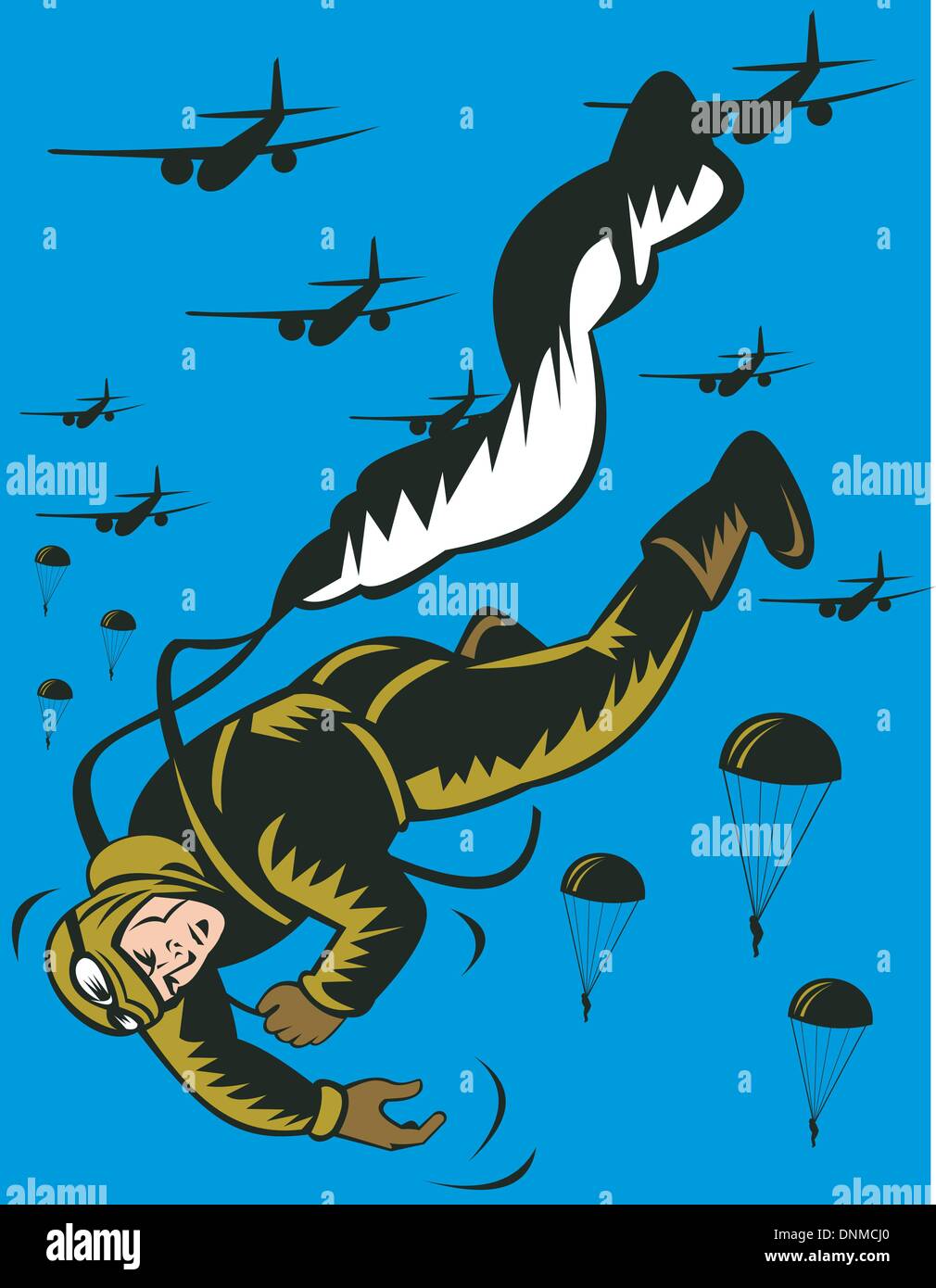 Illustrazione di una guerra mondiale due soldier paracadutismo cavo di trazione Illustrazione Vettoriale