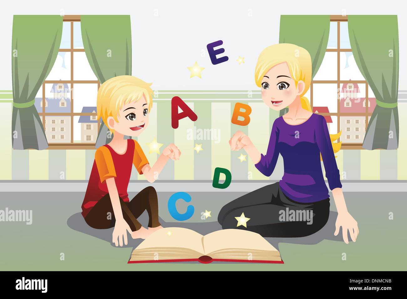 Una illustrazione vettoriale di una madre insegnando il suo bambino sulle lettere dell'alfabeto Illustrazione Vettoriale