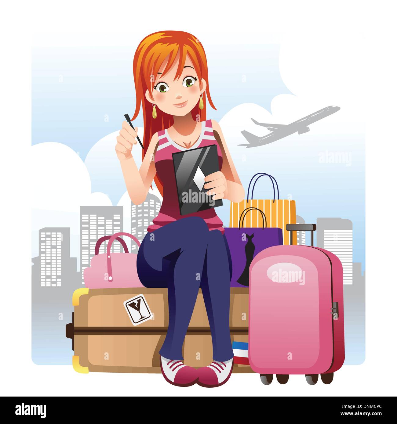Una illustrazione vettoriale di un viaggio ragazza seduta con i suoi bagagli Illustrazione Vettoriale