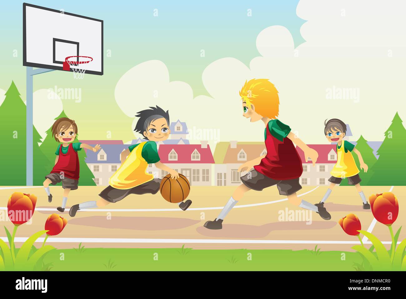 Una illustrazione vettoriale di ragazzi che giocano a basket nell'area suburbana Illustrazione Vettoriale